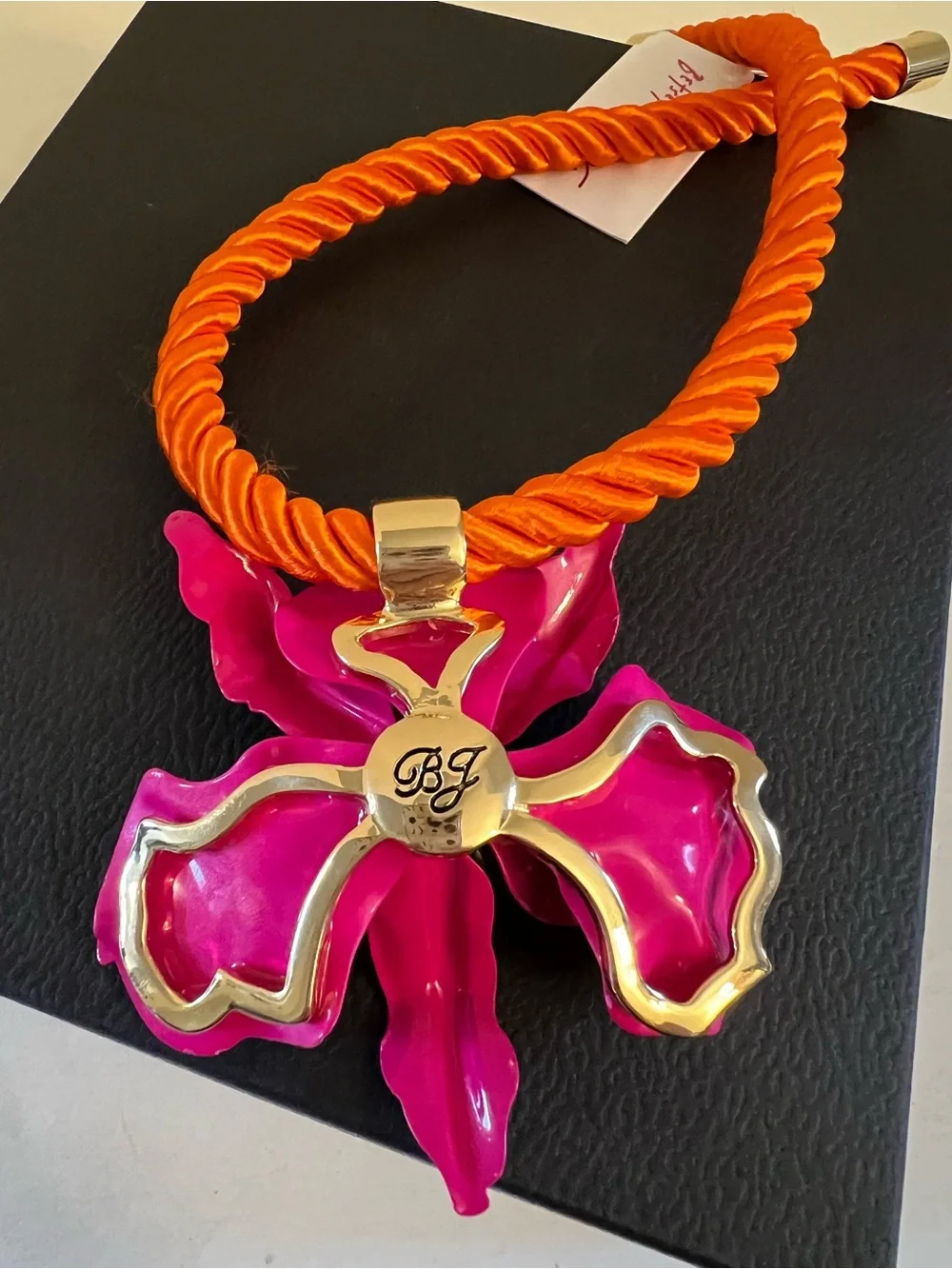 Betsey Johnson Orange Rope Necklace with Hot Pink Floral Pendant - Picture 10 of 16
